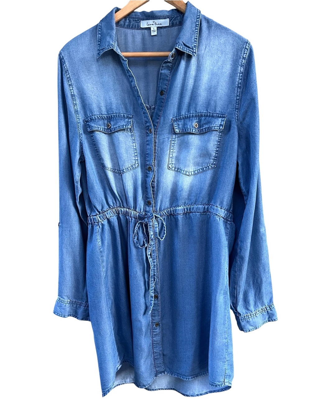 Love Tree Blue Denim Button-Front Drawstring Dress-size L